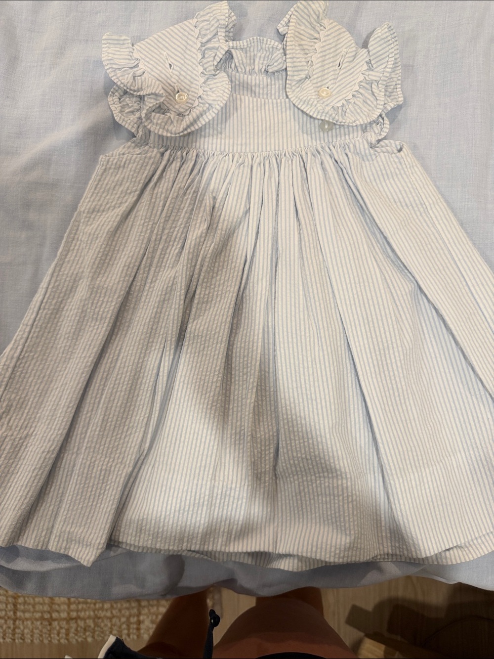Blue & White Striped Ruffle-Shoulder Dress
